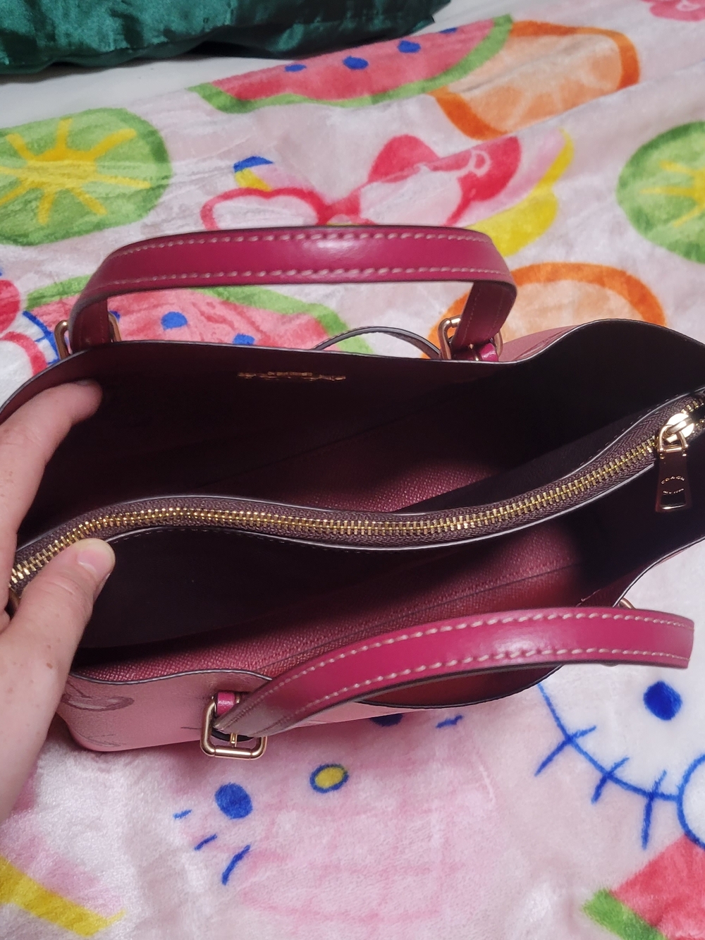 Coach Pink Cherry-Print Leather Tote with Dark Pink Trim - Picture 2 of 6